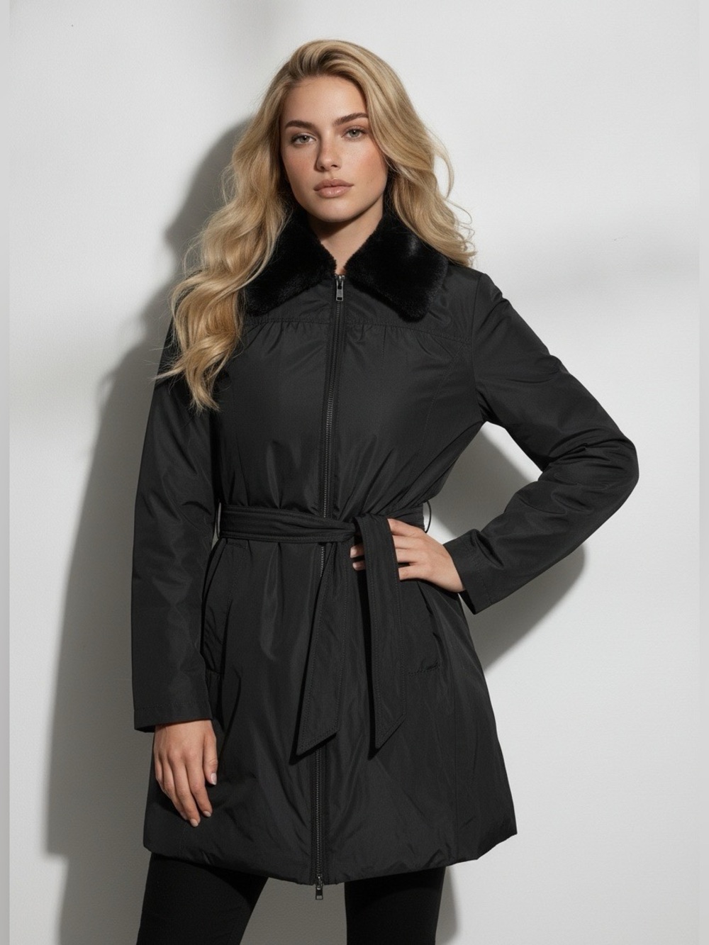 Andrew Marc Black Belted Trench Coat with Faux-Fur Collar